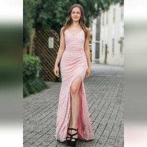 Pink sequin long prom dress Size Small Adjustable tie in back